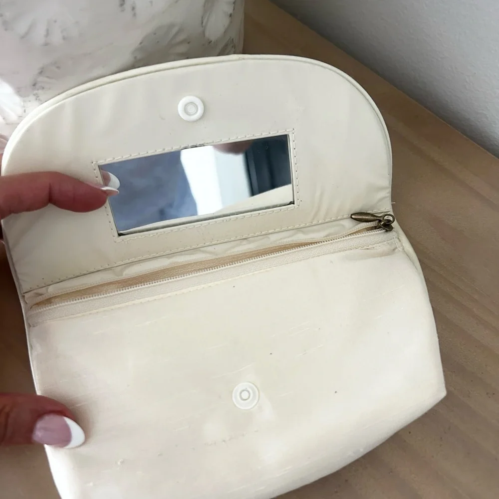 Vintage Ivory Lace Faux Pearl Cosmetic Bag Mini Mirror Makeup Pouch